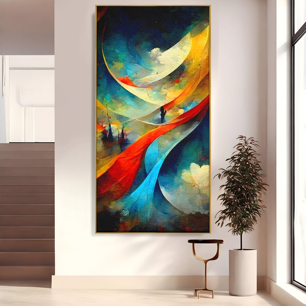 Tablou canvas cu pictura abstracta cu valuri colorate, in rama de aluminiu auriu